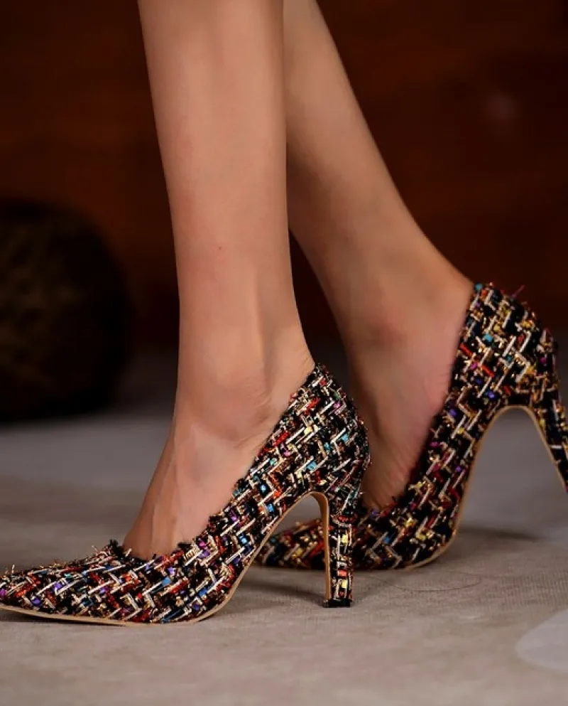 2022 Nuovo Autunno della Molla Scarpe A Spillo Scarpe A Punta Delle Signore Tessuto Calico Signore Scarpe Da Sposa Da Sposa Tacc