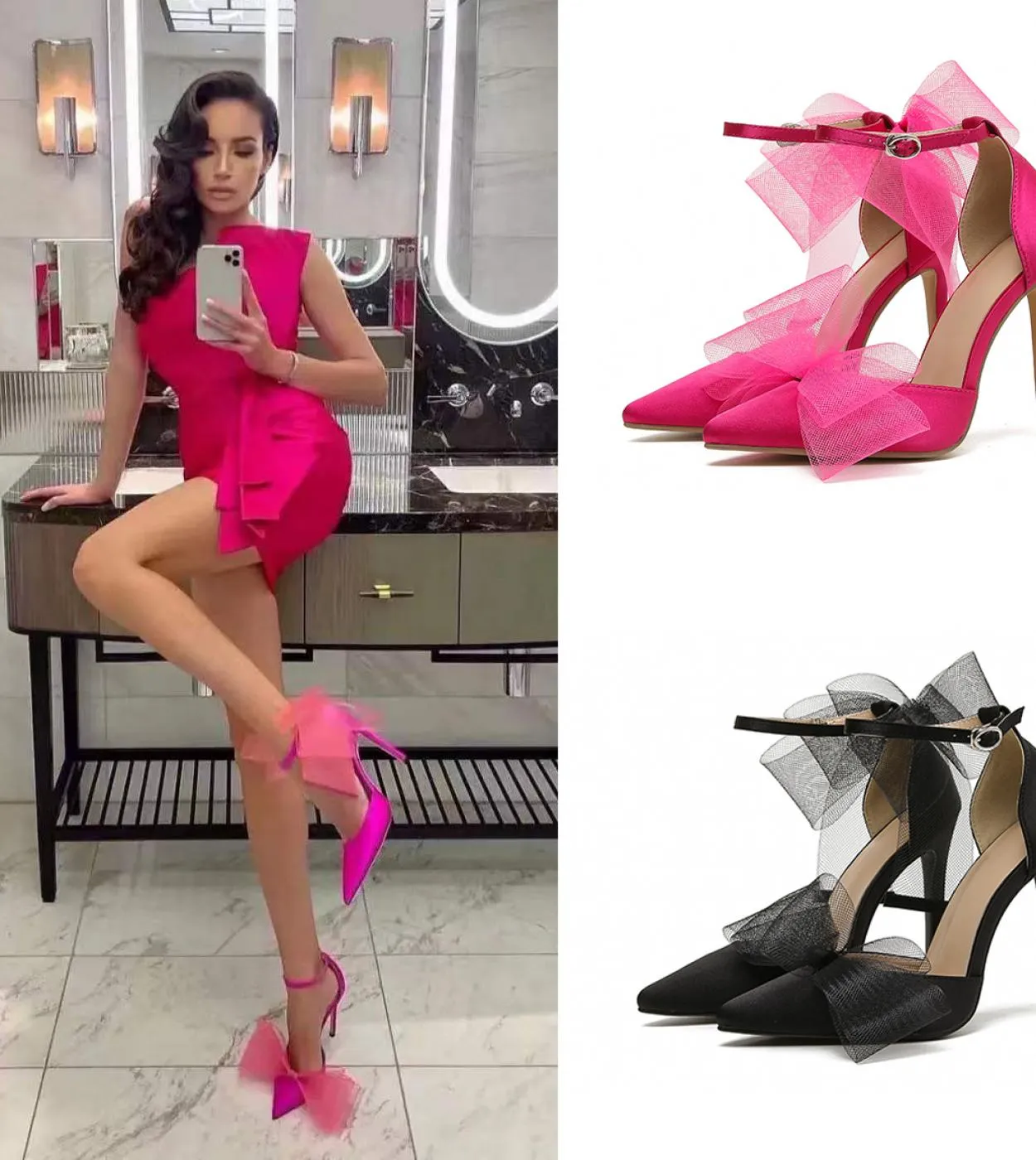 2022 Nuovo Stile Filato Netto Bowknot Delle Signore Pompe Tacco Sottile Punta A Punta Superficiale di Estate Delle Donne Scarpe