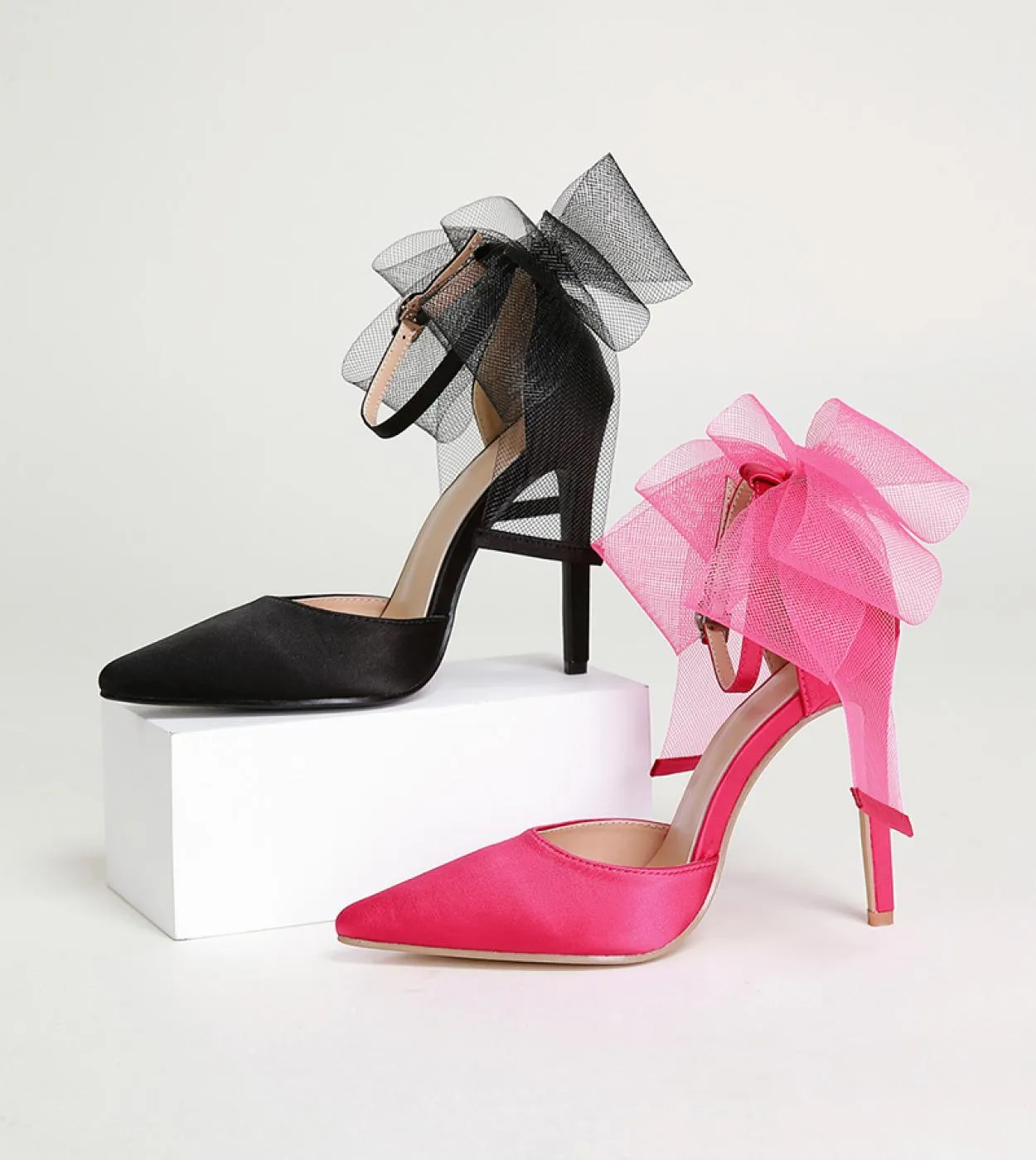 2022 Nuovo Stile Filato Netto Bowknot Delle Signore Pompe Tacco Sottile Punta A Punta Superficiale di Estate Delle Donne Scarpe