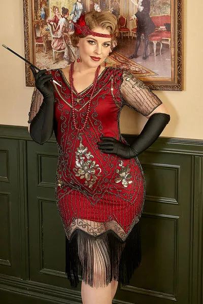 Abito rosso dorato con frange di paillettes Gatsby anni '20