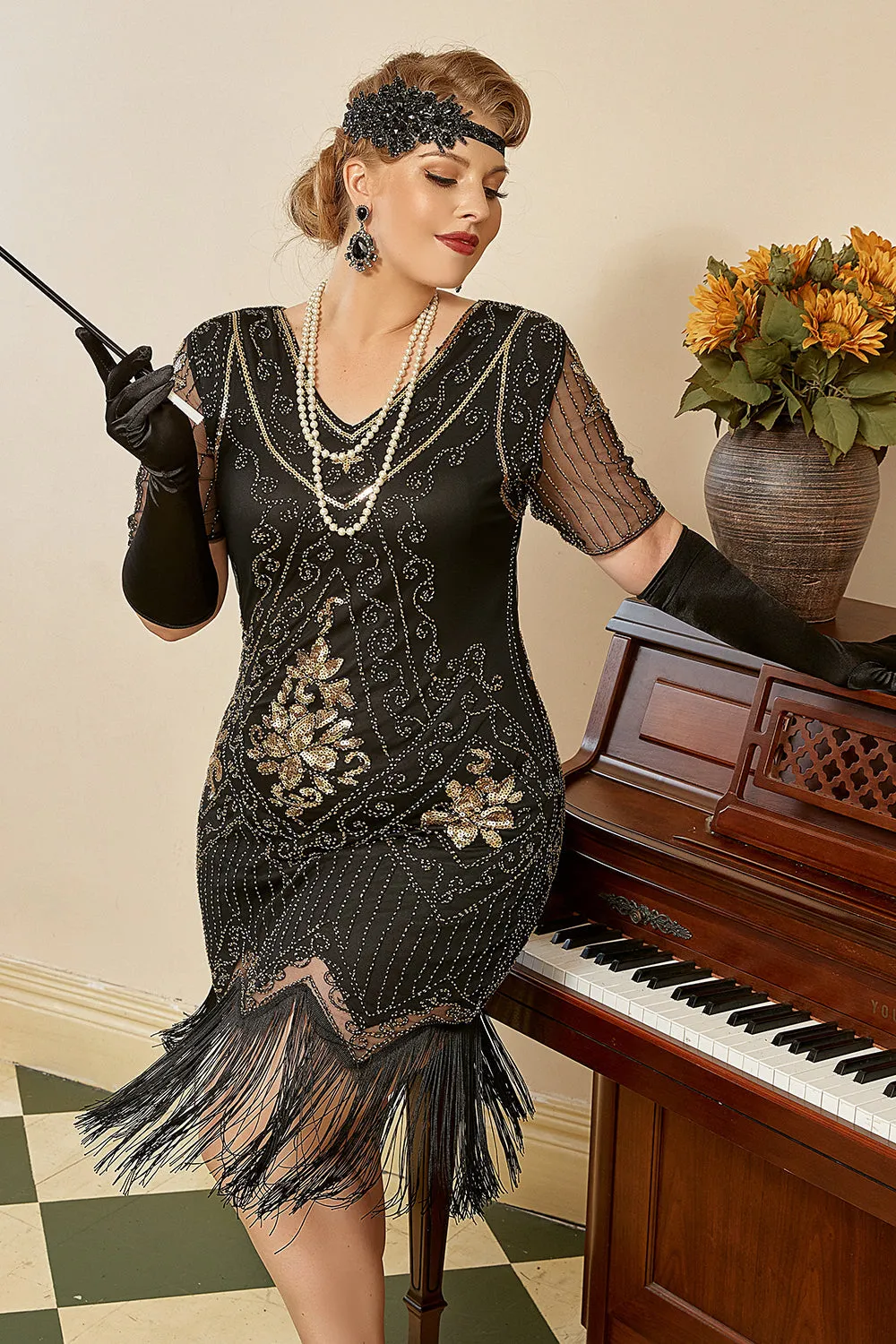 Abito rosso dorato con frange di paillettes Gatsby anni '20