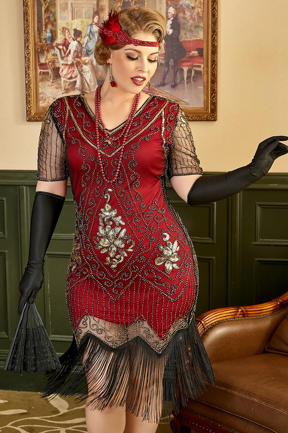 Abito rosso dorato con frange di paillettes Gatsby anni '20