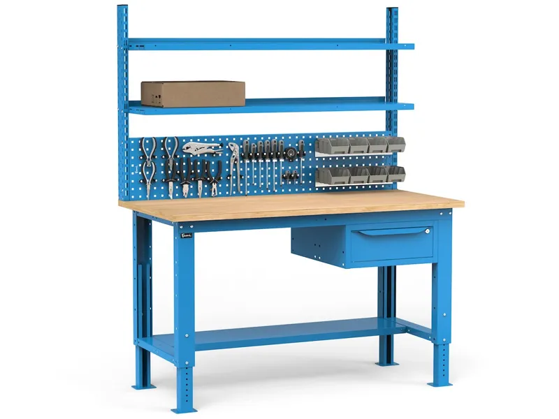 Banco da lavoro regolabile Fami WORK1534 150cm, piano in legno, cassetto e parete forata