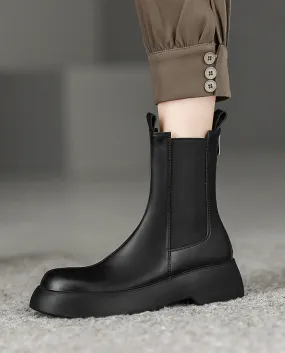 British Style Simple Cowhide Chelsea Boots Round Toe Platform Platform Thick Sole Short Single Boots Rear Zipper Flat Sh