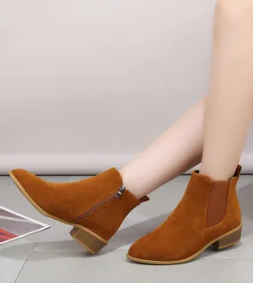Comemore Womens Suede Leather Slip On Flats Autumn Ankle Boots Female Casual Short Chelsea Boot Heeled Shoes Pointed Bo