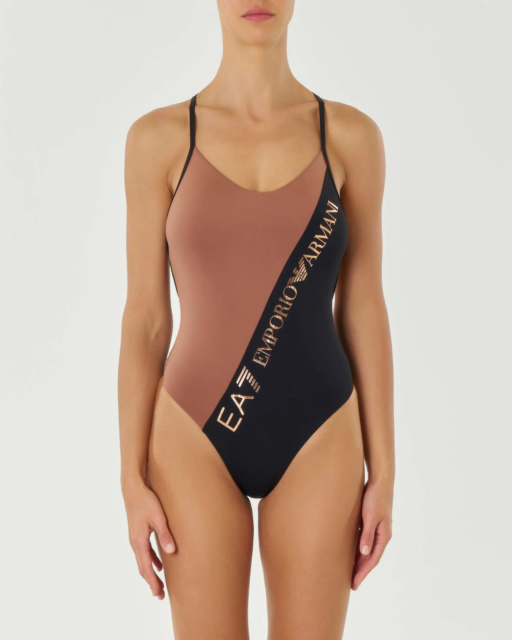 Costume intero cammello e nero con maxi logo frontale metallizzato bronzo ed incrocio sul retro