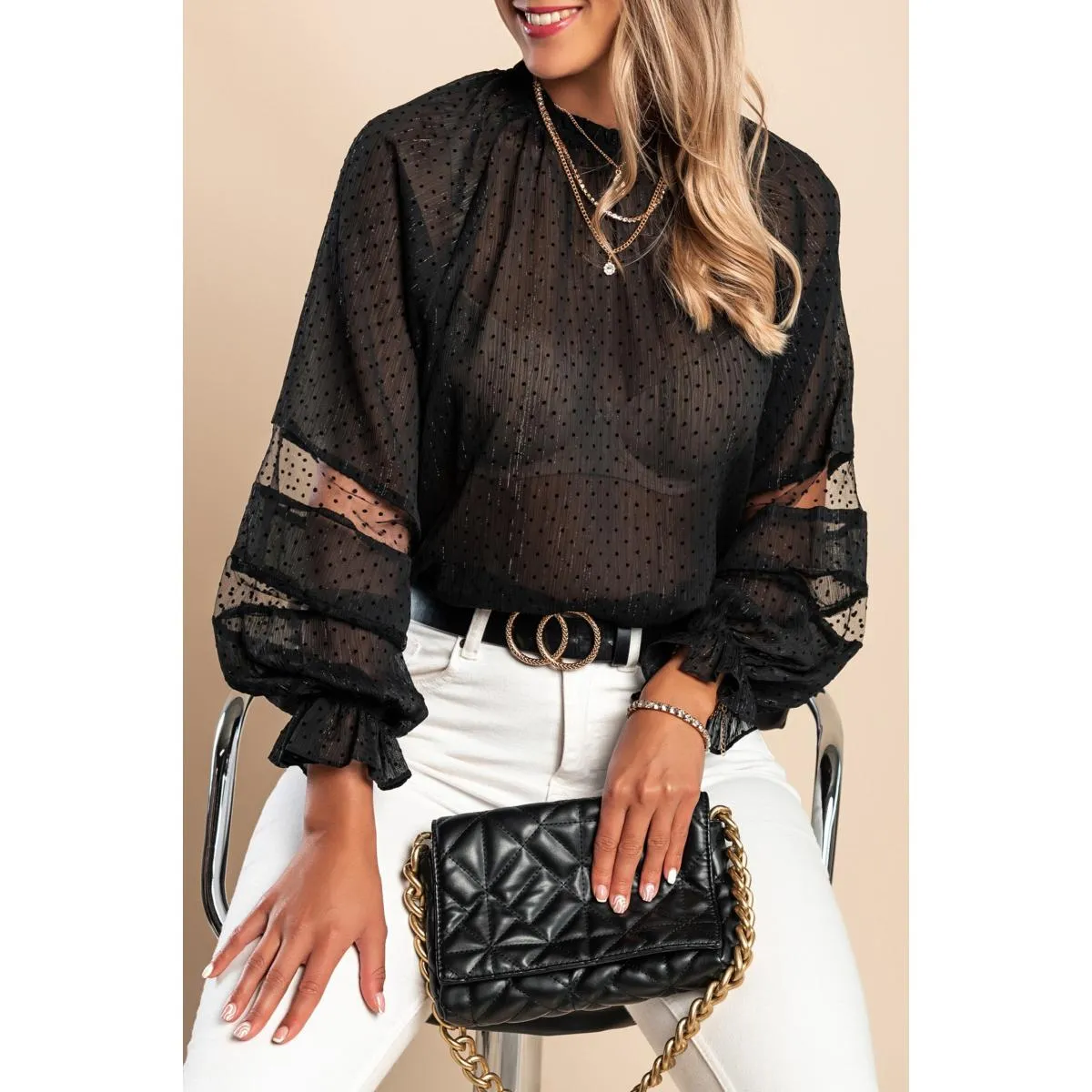 Elegante blusa in tessuto semitrasparente a pois Geltra, nera