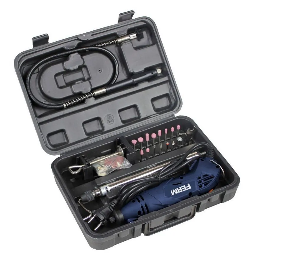 FERM CTM1017 - Mini smerigliatrice portatile con flessibile 160 W, velocità a vuoto 8000-35000 rpm, 40 accessori inclusi
