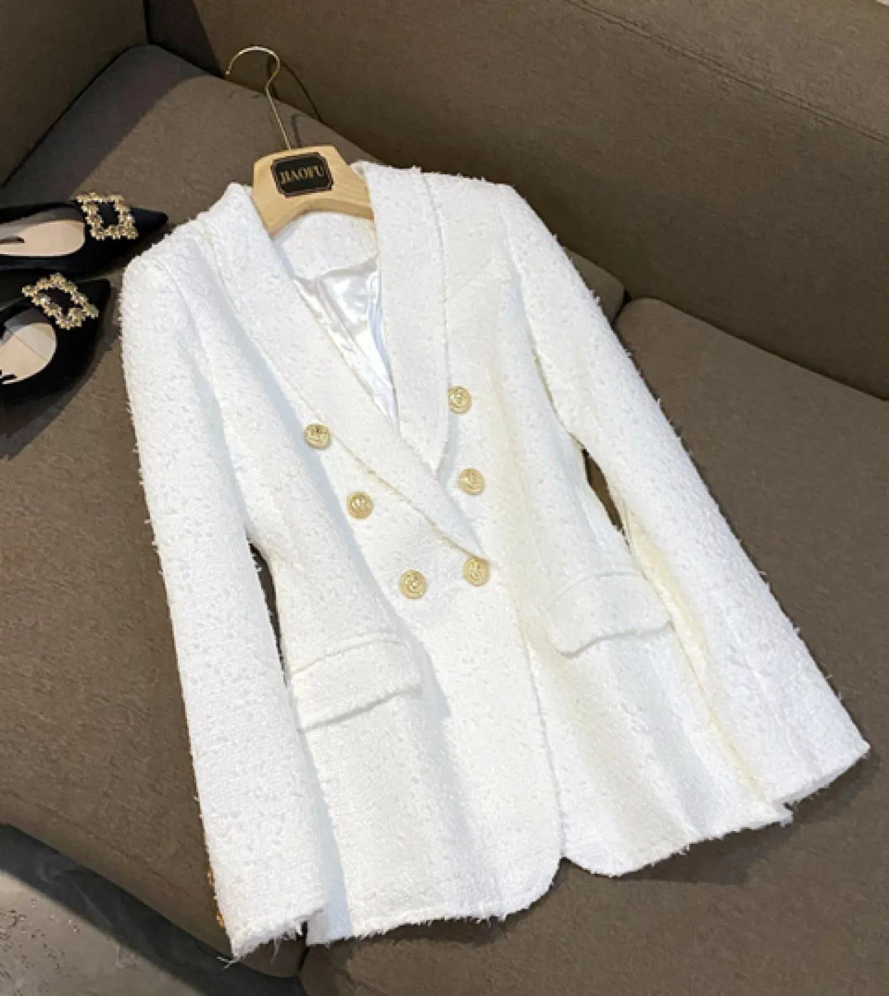 Giacca da donna alla moda Giacca nera bianca con frangia sul petto Slim Abito di lino di alta qualità Taglie forti Abbigliamento