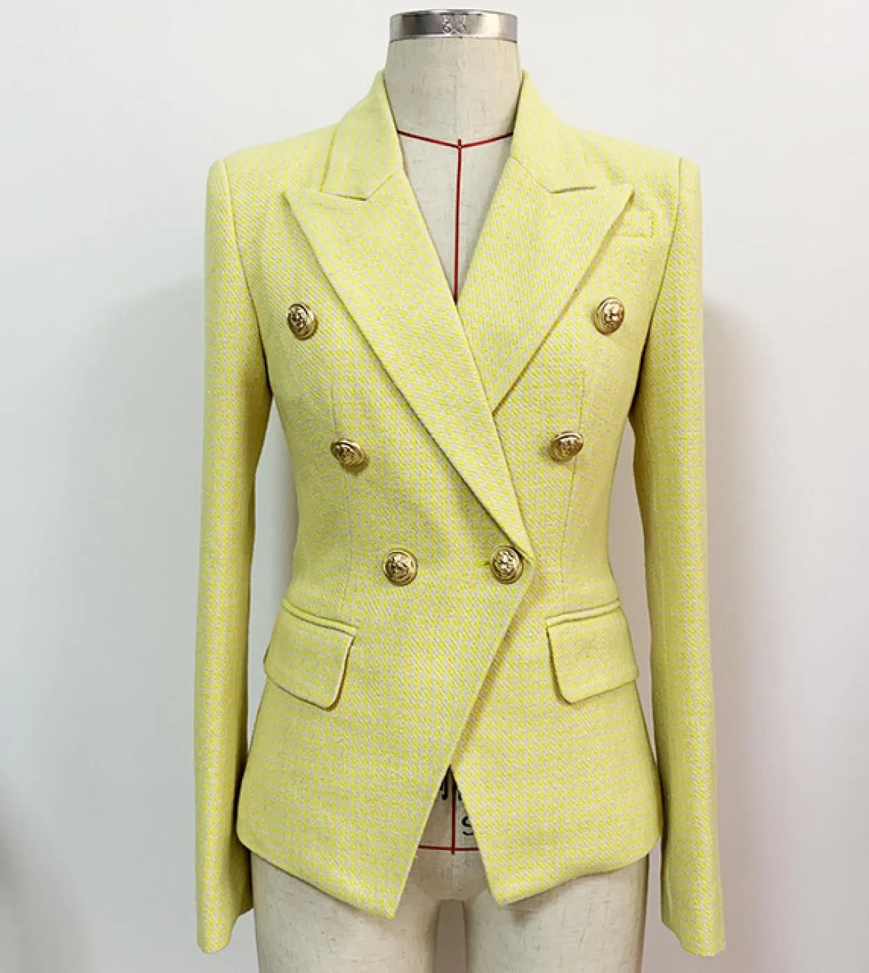Giacca da giacca firmata più recente Giacca da donna con bottoni a forma di leone Blazer doppiopetto sottile in tweed giallo pie