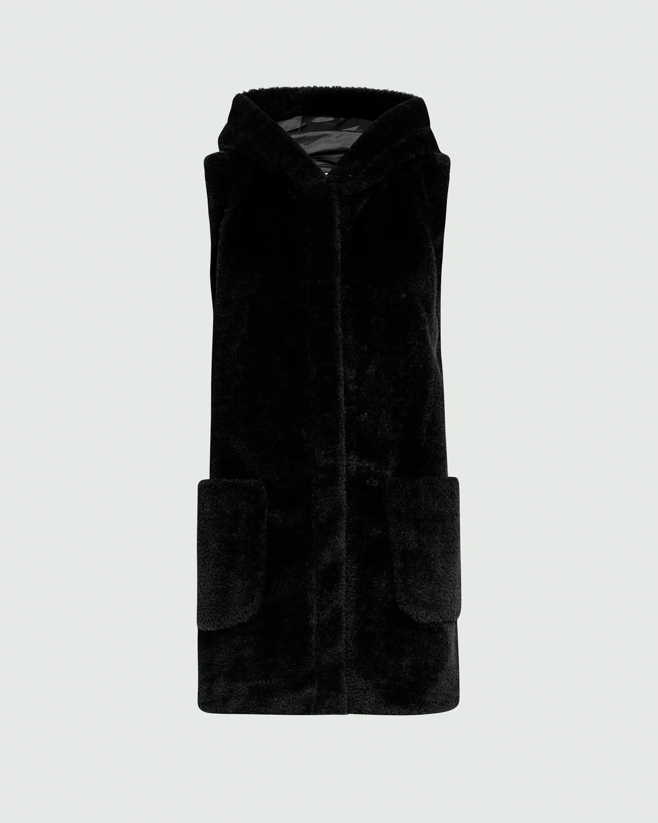 Gilet nero in tessuto teddy senza maniche e con cappuccio