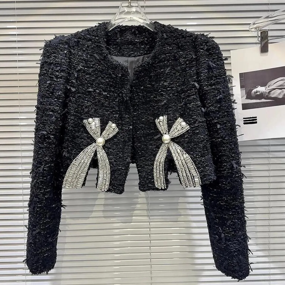 High Street più recente 2023 Autunno Inverno Designer Moda Donna Strass Bow Tweed Giacca corta