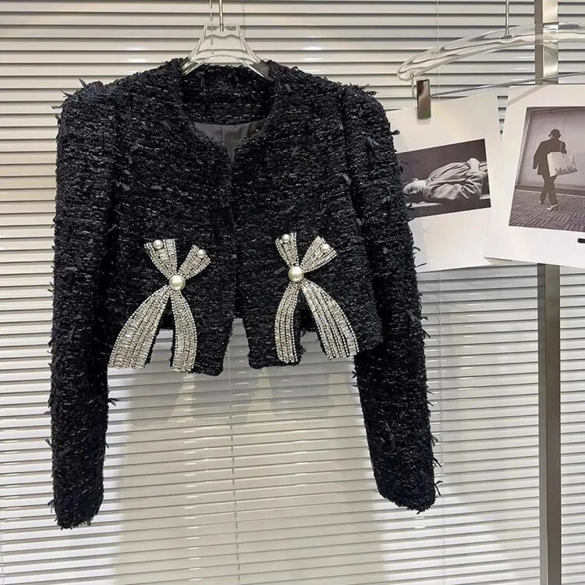 High Street più recente 2023 Autunno Inverno Designer Moda Donna Strass Bow Tweed Giacca corta