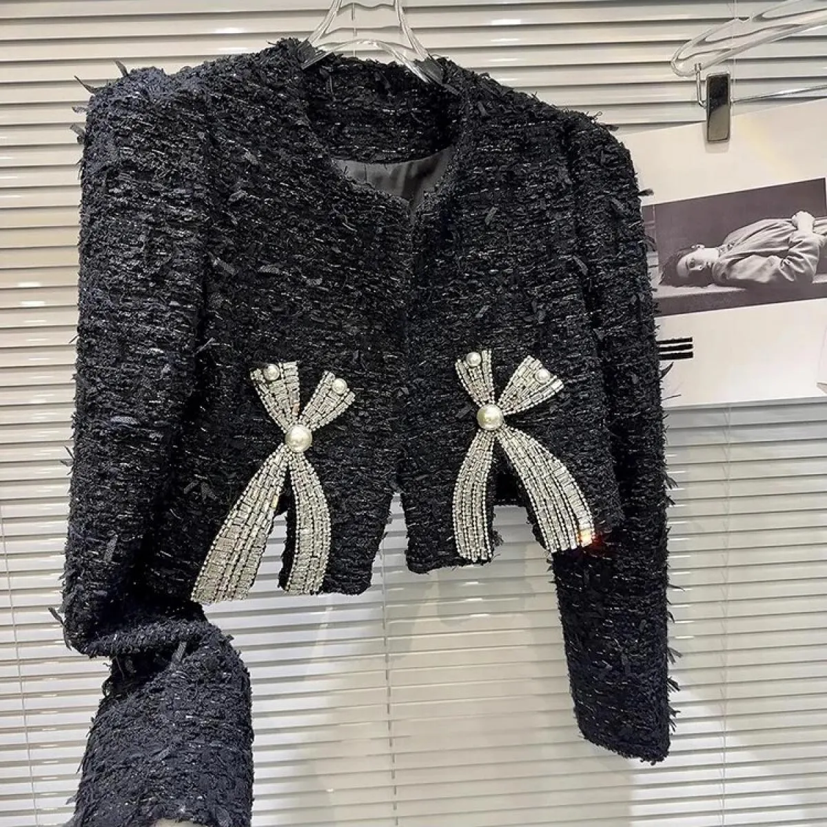 High Street più recente 2023 Autunno Inverno Designer Moda Donna Strass Bow Tweed Giacca corta