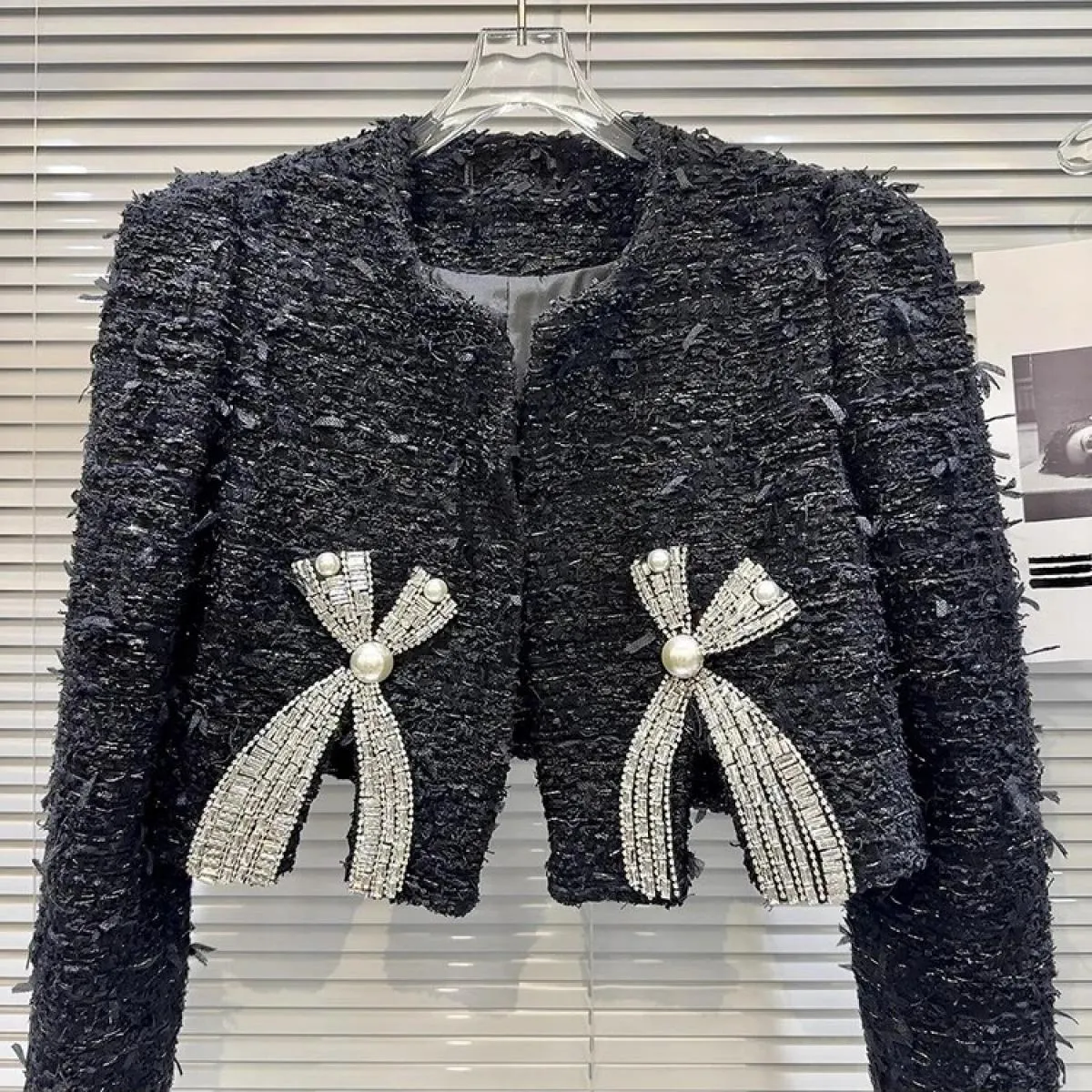 High Street più recente 2023 Autunno Inverno Designer Moda Donna Strass Bow Tweed Giacca corta