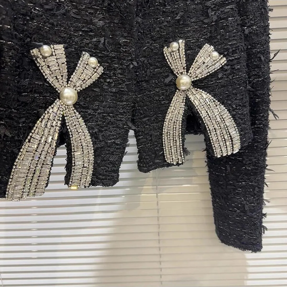 High Street più recente 2023 Autunno Inverno Designer Moda Donna Strass Bow Tweed Giacca corta