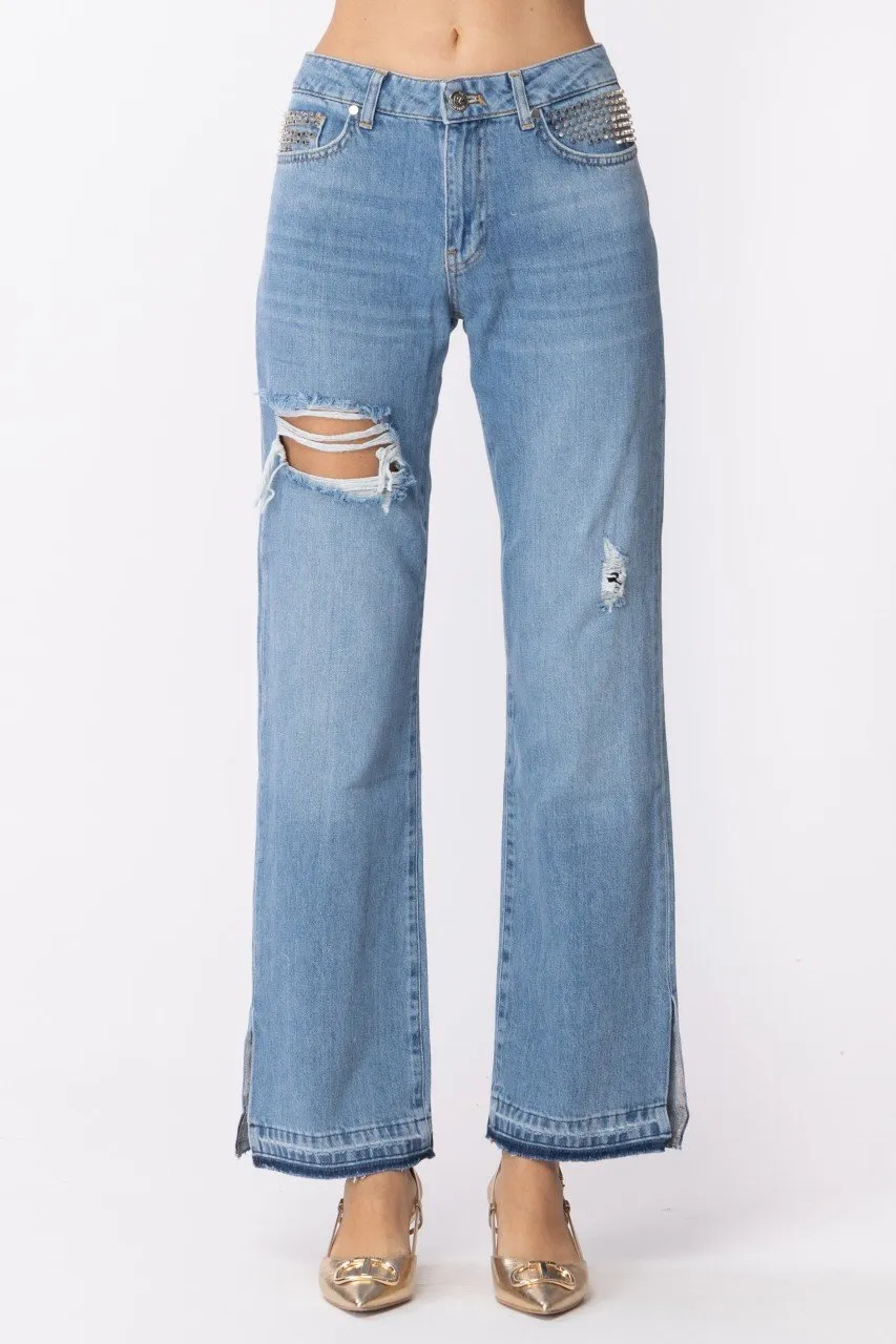 Jeans Boy a vita bassa con borchie BLU CHIARO