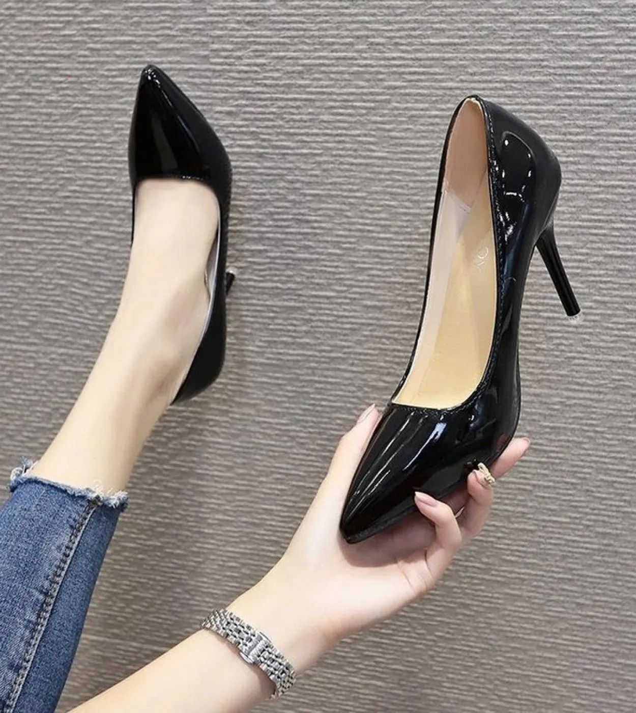 Moda Tacco Alto Stiletto Bocca Superficiale Tinta Unita Slipon Scarpe Tacchi Alti da Donna Pu Ufficio Punta A Punta Plus Size Hi