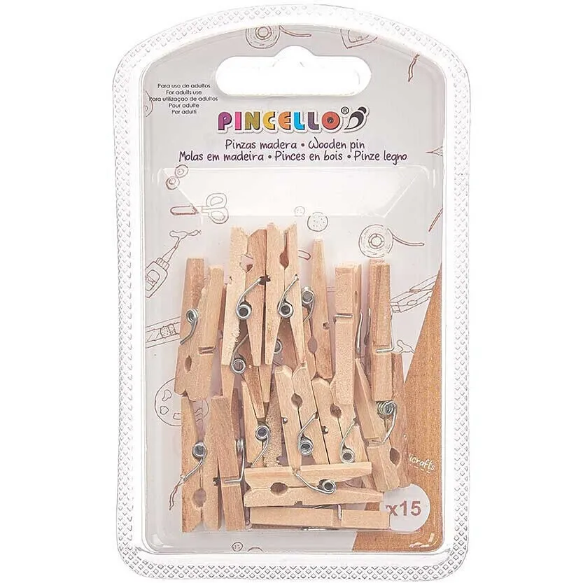 Pinzette piccole in legno naturale - 15 pz.
