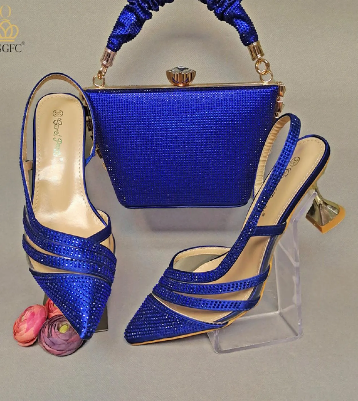 Qsgfc 2022 Ultime Royal Blue Midheel Moda elegante Accessori con strass Punta a punta Scarpe da donna Borsa Set Pompe