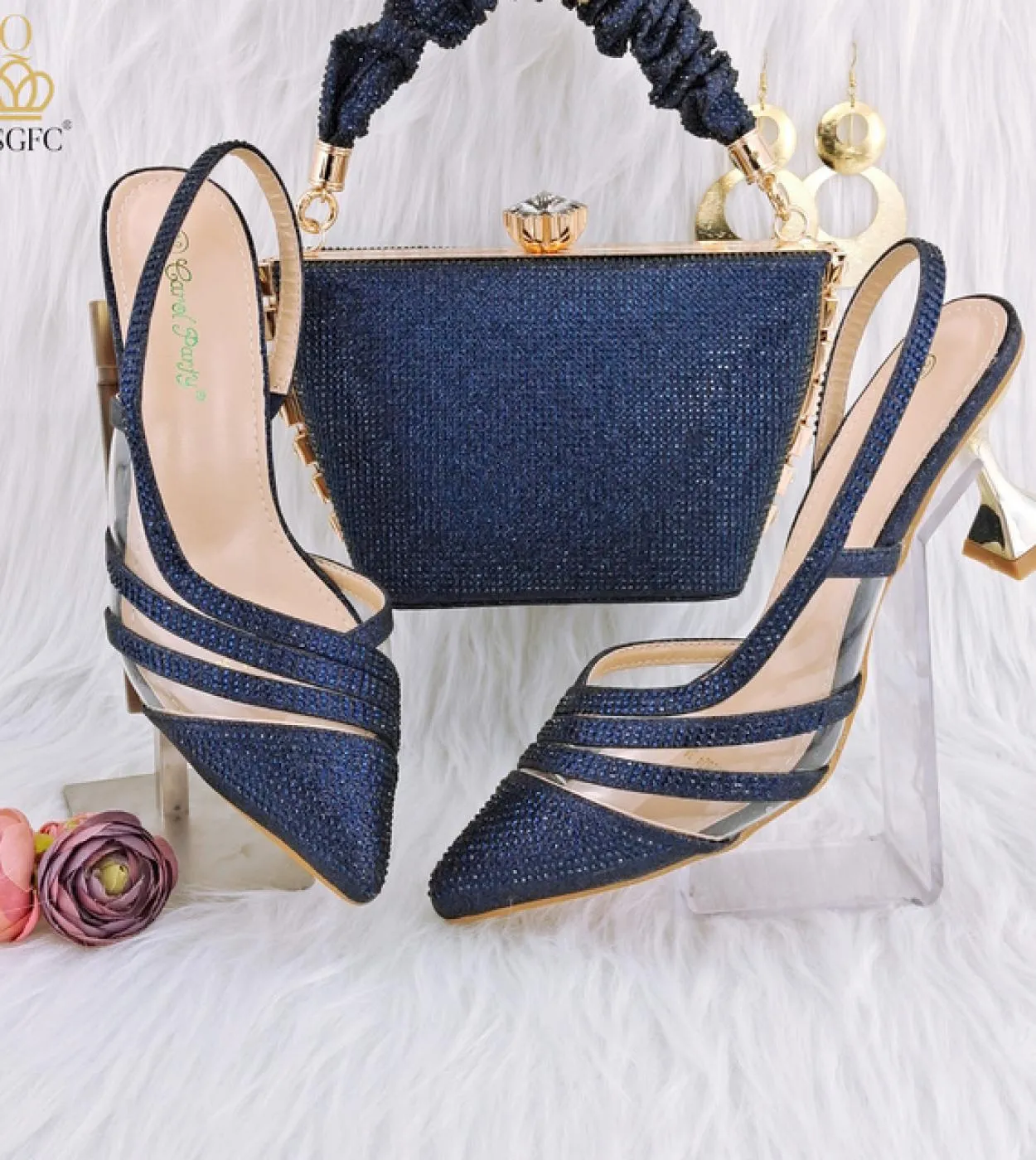 Qsgfc 2022 Ultime Royal Blue Midheel Moda elegante Accessori con strass Punta a punta Scarpe da donna Borsa Set Pompe