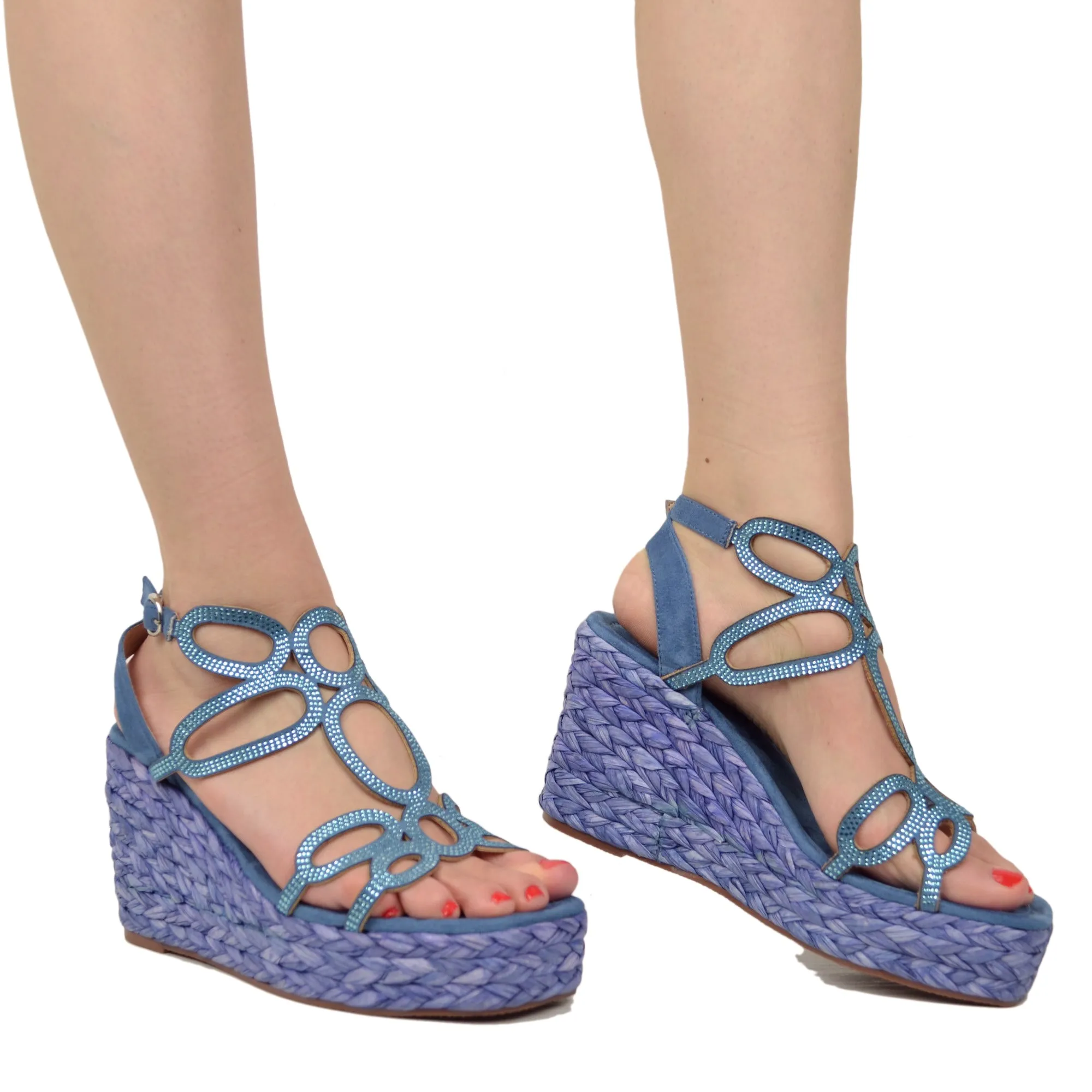 Sandali Donna Denim con Strass e Zeppa Platform