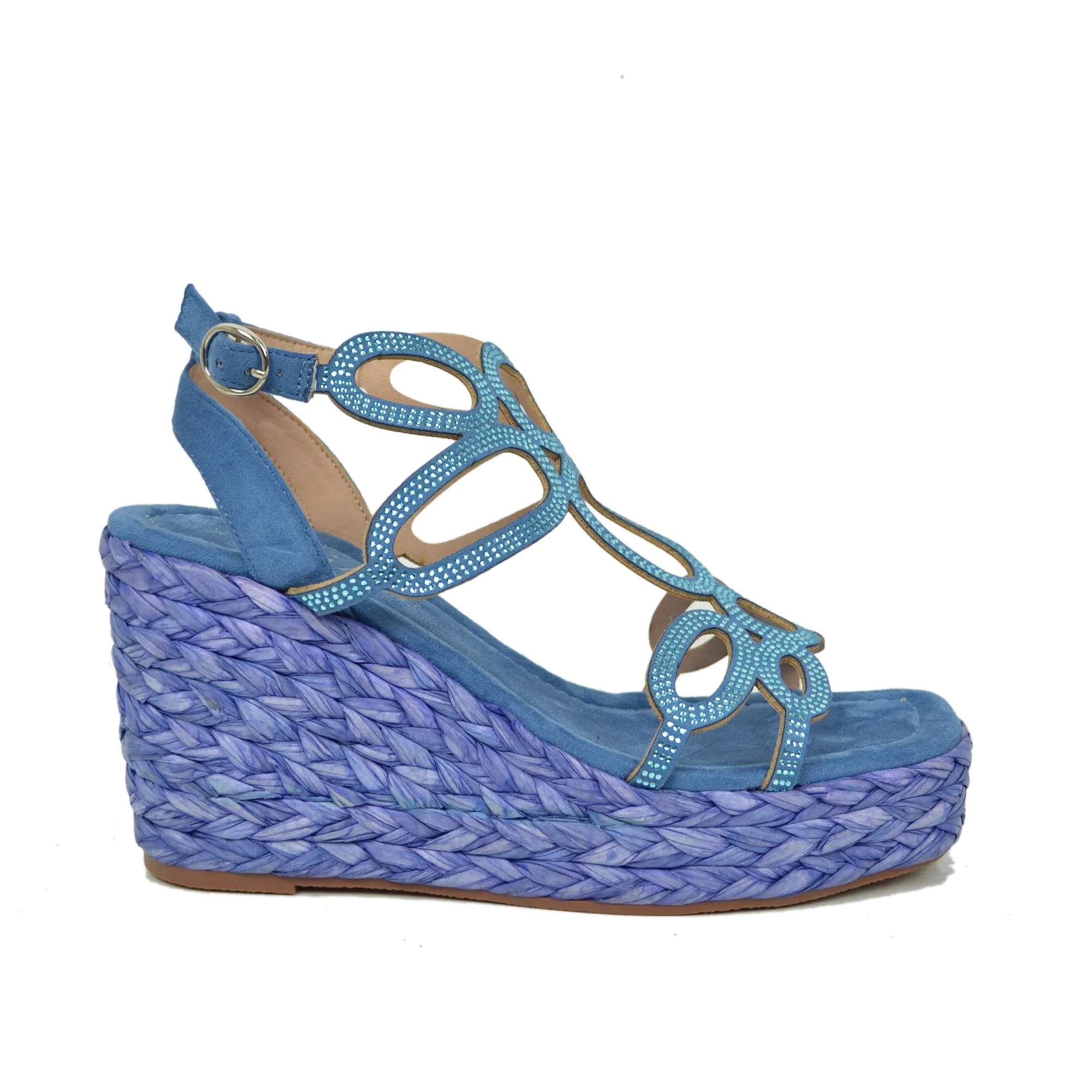 Sandali Donna Denim con Strass e Zeppa Platform