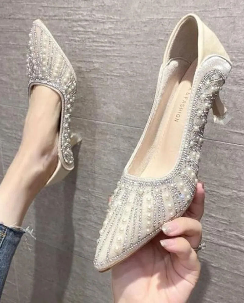 Scarpe Per Le Donne 2022 Nuova Perla Medio Stiletto Estate Strass Francese Confortevole Temperamento Scarpe A Punta Moda Scarpa