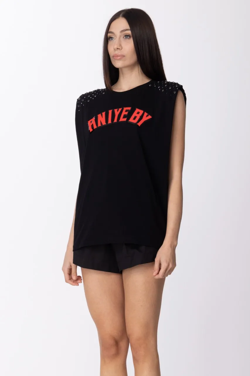 T-shirt con borchie e stampa logo Black