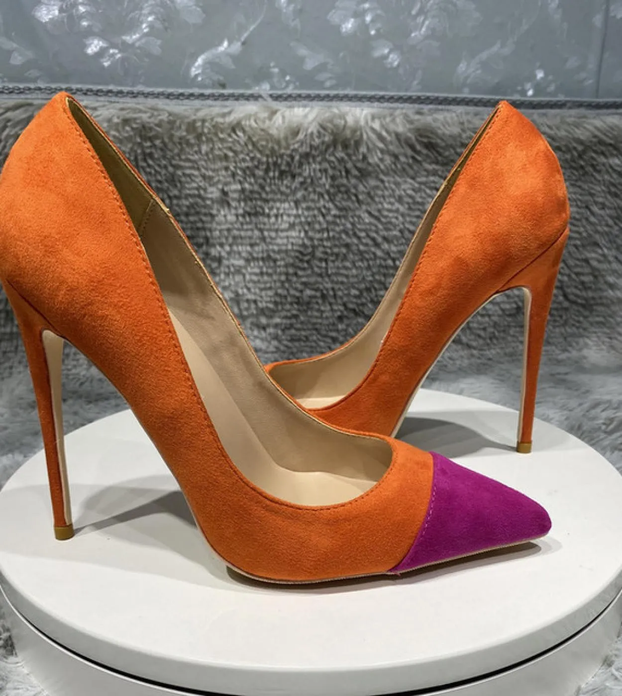 Tikicup Arancione Viola Patchwork Donna Flock Punta a punta 812cm Scarpe con tacco alto Faux Suede Eleganti Décolleté a spillo S