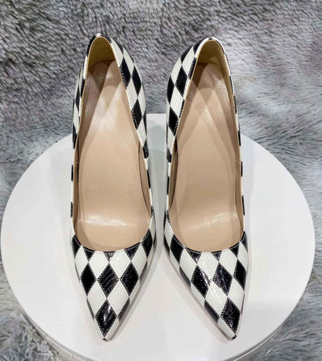 Tikicup Black White Diamond Crocodile Effect Donna Punta a punta Scarpe con tacco alto Designer Slip On Décolleté a spillo 8cm 1